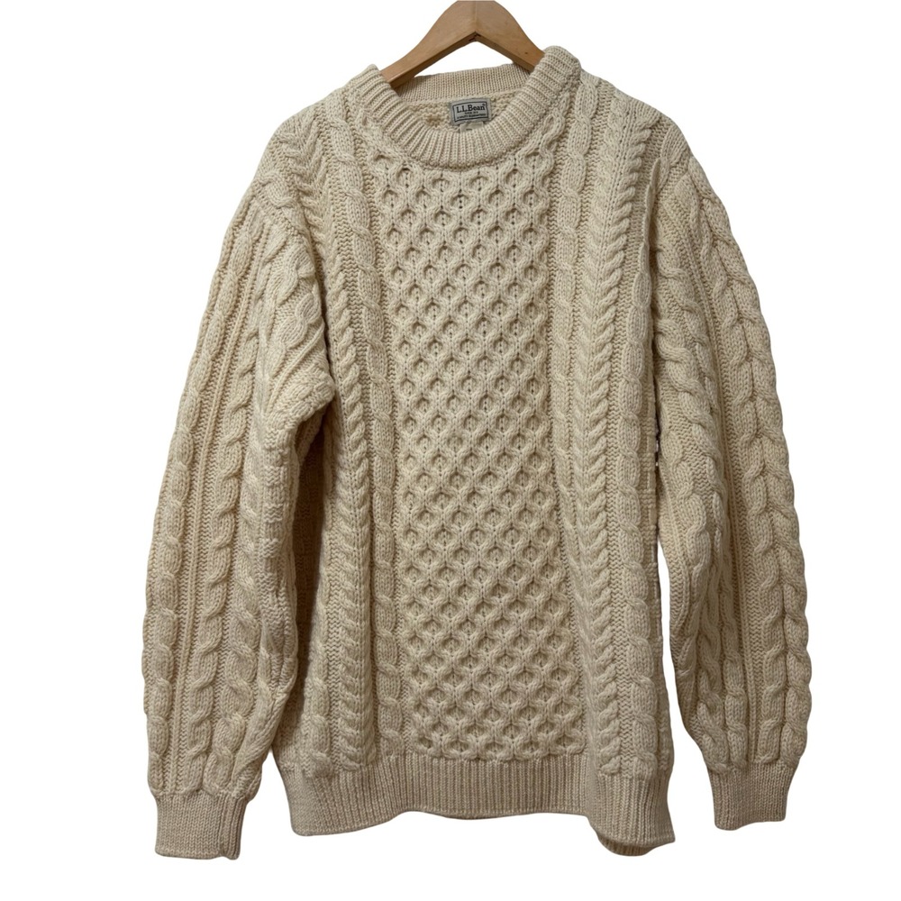 VTG LL Bean Mens Cable Knit Wool Fisherman Sweater Size XXL Cream Ireland NWT‎